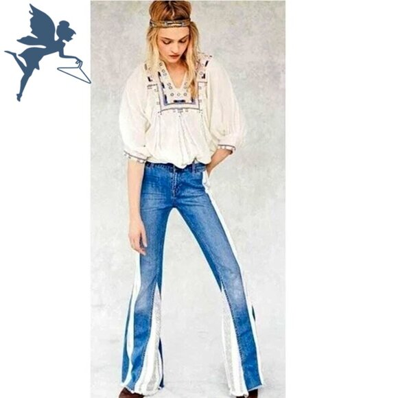 FREE PEOPLE ULTRA RARE Danica Patchwork Stripe Flare Jeans - Picture 2 of 9